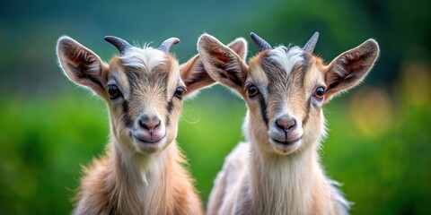 Two adorable young goats standing together in isolation on a background