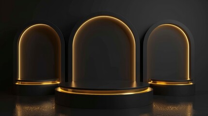 3D background with stand podium. Black, gold, with luxury arch shape scene. Abstract minimal wall scene for mockup products display. - Generative Ai