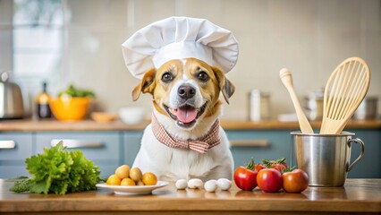 A playful dog in a chefs hat and apron preparing to cook