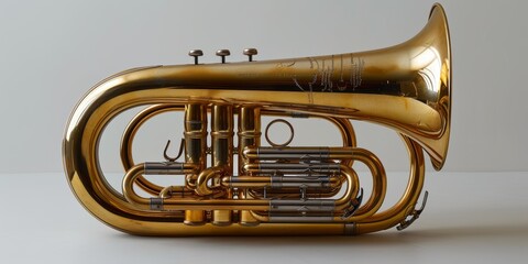 Obraz premium Close-up image of a shiny brass euphonium horn showing intricate tubing and valves on a plain background emphasizing its craftsmanship