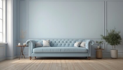Interior home of living room with blue sofa and side table on empty white wall copy space, hardwood floor
