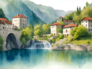 Jajce Bosnia and Herzegovina Country Landscape Watercolor Illustration Art	