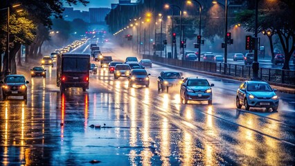 Dark night scene of wet road with vehicles moving through rain