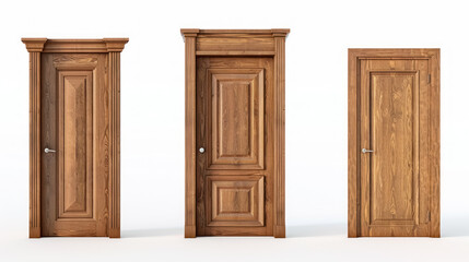 Fototapeta premium three classic wooden doors with detailed carvings isolated on white background