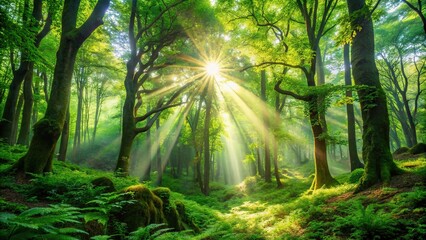Lush green forest with sunlight filtering through leaves