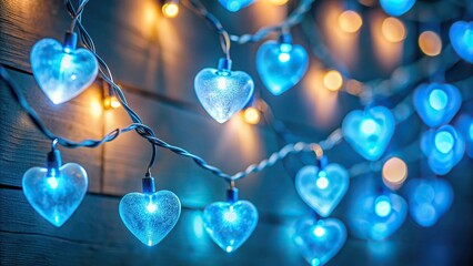 Detailed description 1 Bright blue heart-shaped lights glowing on a string of fairy lights