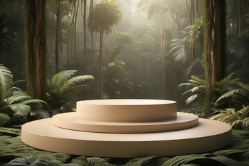empty stack podium platform stand in tropical forest for product presentation on cream color background copy space mockup