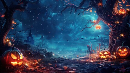 Ethereal Halloween Night, Jack-o'-Lanterns Illuminating an Autumnal Forest Path Under a Starlit and Cloudy Sky