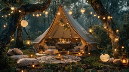 Obraz premium Soft, diffused light streams through the canopy of the magical, fairy-tale-like forest, casting a gentle glow on a luxurious glamping setup.