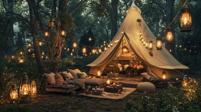 Within the dreamy, fairy-tale-like forest, soft, diffused light casts a serene ambiance on a luxurious glamping setup.