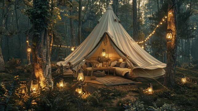 Soft, diffused light bathes the luxurious glamping setup in the magical, fairy-tale-like forest, filtering through the canopy.
