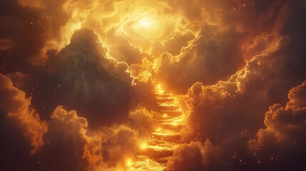 Golden pathway in the clouds, illuminated by a divine light, embodying the concept of spiritual enlightenment and heavenly ascent