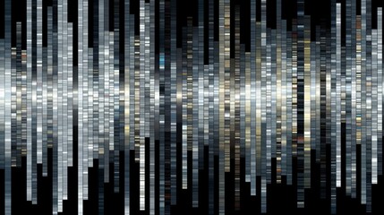 Abstract illustration featuring columns of thin multi-colored lines in gray, brown, blue and white on a black background
