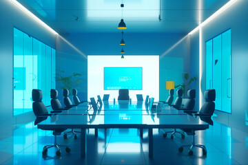 Futuristic meeting room interior. Furnished conference room equipped with the latest technology for business presentations and video conferencing.