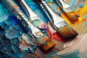 Fototapeta premium Paint, art, brush, palette, paintbrush, painting, artist, Vibrant Oil Painting