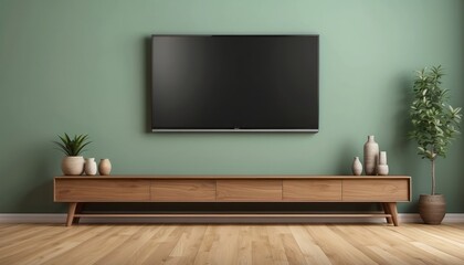 Interior home of living room with wooden cabinet for LED TV on green wall copy space, hardwood floor