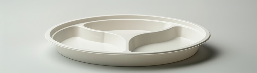 Detailed view of a large unbreakable dinner plate with compartments, made from reusable plastic and designed for portion control, isolated background, studio lighting