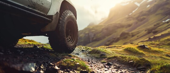 Naklejka premium 4x4 off road vehicle wallpaper on a amazing mountain scenery in low angle, very photographic with a beautiful light