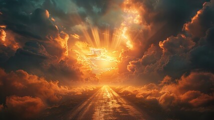 Detailed close-up of a road leading upwards into the sky, with rays of light breaking through the clouds in a divine scene