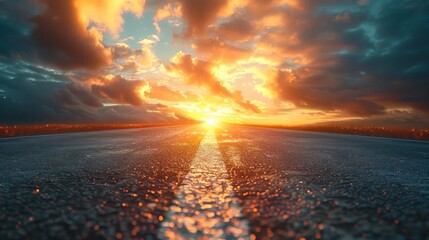 Detailed close-up of a highway's edge, with the road leading into a luminous, otherworldly sky filled with divine light