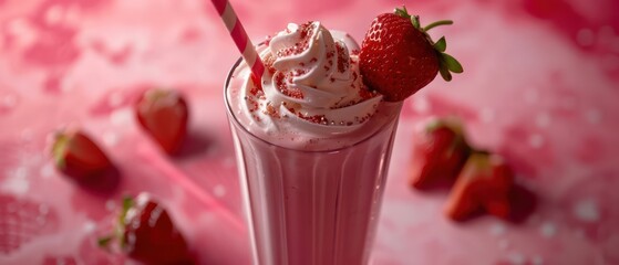 beautiful strawberry milkshake in a glass, professional setting and nice colors