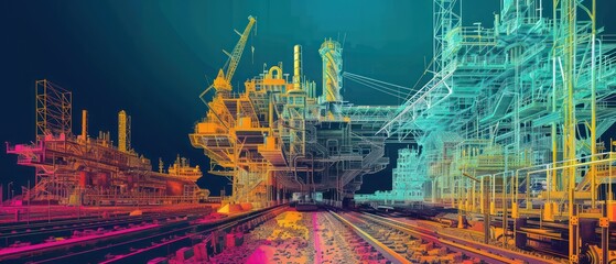 collage wallpaper of lidar point clouds of big industrial facilities on a ground level, amazing perspective and composition