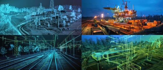 collage wallpaper of lidar point clouds of big industrial facilities on a ground level, amazing perspective and composition