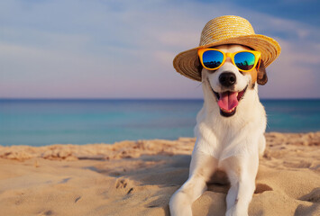 Funny dog at the beach in summer, wearing sunglasses and a straw hat. Copy space on left.