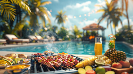 The poolside comes alive with a barbecue party featuring sizzling grills, enticing aromas, and laid-back summer vibes