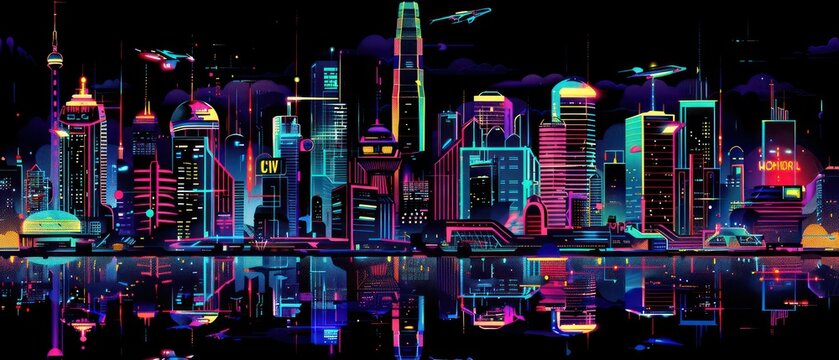 modern futuristic cityscape wallpaper design with neon bright colors and dark background