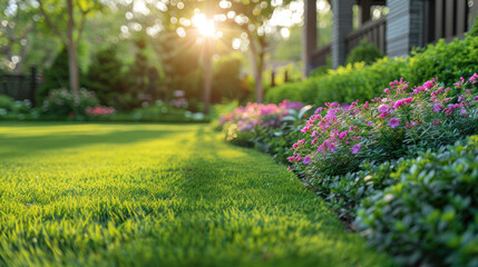 Obraz premium A perfectly manicured lawn and flowerbed, complete with shrubs, bask in the sunshine against the backdrop of a residential backyard