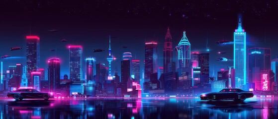 modern futuristic cityscape wallpaper design with neon bright colors and dark background