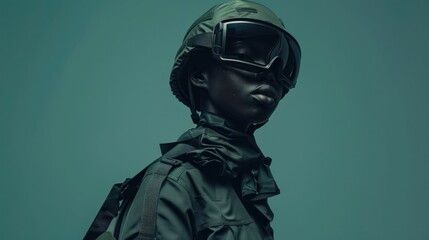 Portrait of a courageous Black soldier in military uniform with helmet and goggles against a vibrant blue background
