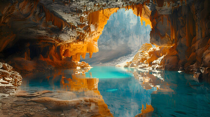 A serene nature cave scene with an underground lake reflecting the cave formations above