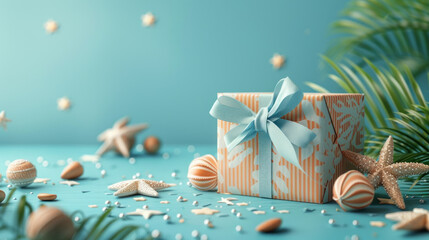 A gift box set against a blue background adorned with summer motifs, embodying a summer vector banner design concept