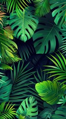 Bright tropical background with jungle plants. Exotic pattern with palm leaves