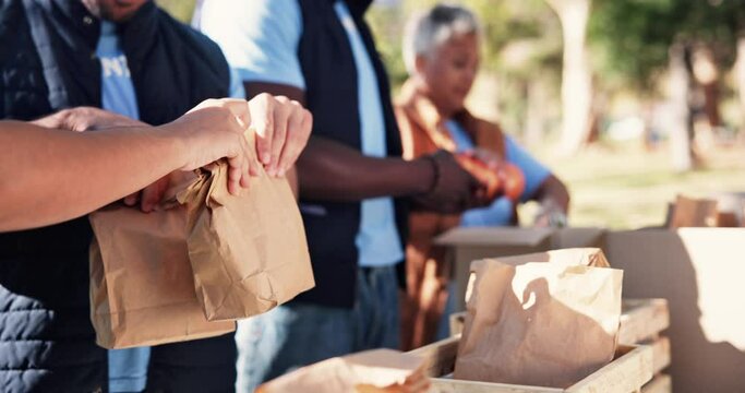 Volunteers, food package and charity in outdoor, hands and community service for social responsibility. People, donation and grocery bags for society project, ngo and teamwork for accountability
