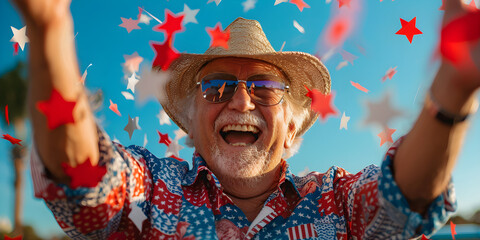 Patriotic senior man celebrating USA Independence Day wearing a hat and glasses