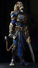 Obraz premium Human lion warrior with blue and gold armor. holding a sword in the upper hand