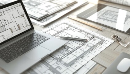 3D rendering of an architectural design on multiple devices, including laptop and tablet, with floor plans scattered around the desk.