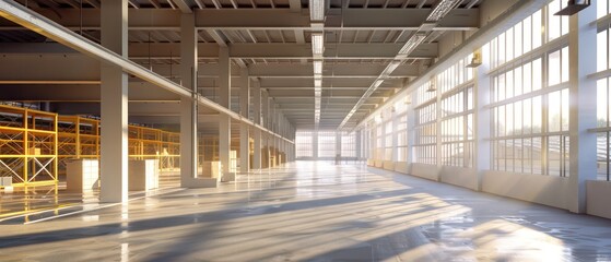 wallpaper of a building big interior workshop factory with strong concrete structure and metal construction and dramatic lighting
