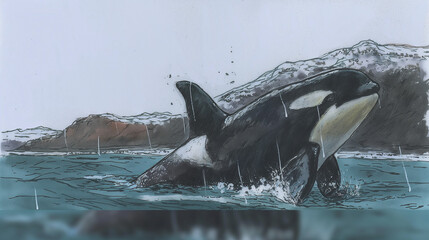 Obraz premium Killer whale during a dark thunderstorm with snowy mountains in the style of a japanese anime manga