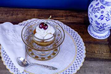 Caramel souffle on an antique fine glass compote etched with gold