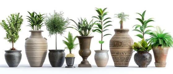 set of different vases with interior plants isolated on white background