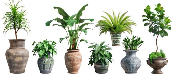 set of different vases with interior plants isolated on white background