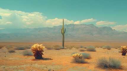 A serene nature desert scene with a solitary cactus standing tall against the vast landscape