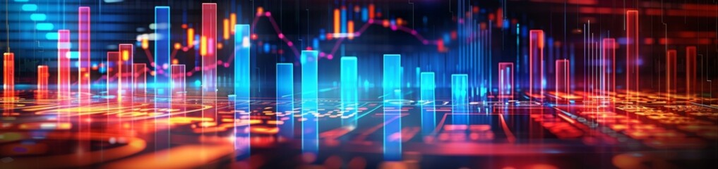 Fototapeta premium A digital background featuring a futuristic financial graph with holographic bar charts, glowing data points, and abstract patterns of rising or falling lines.