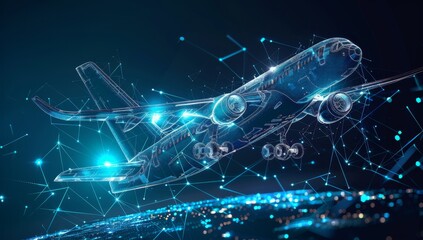 A digital rendering of an airplane flying in the air, composed entirely from blue wireframe holographic data and cybernetic connections, against a dark background.