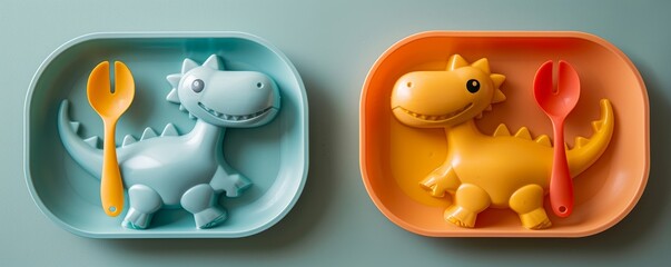 Close-up of colorful dinosaur-shaped plate set, including spoon, fork, and glass, on an isolated background with studio lighting