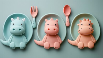 Naklejka premium Close-up of a cat-shaped plate with spoon and fork set, eco-friendly dinnerware for kids, isolated background, studio lighting